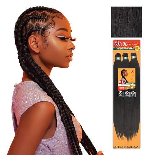 Pre-Stretched Synthetic Braiding Hair Extensions 3X 58in - 5 Pack, Off Black