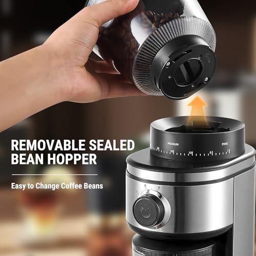 Electric Coffee Grinder with 30 Settings - Shiny Silver & Black, Adjustable Burr Mill for Home Use
