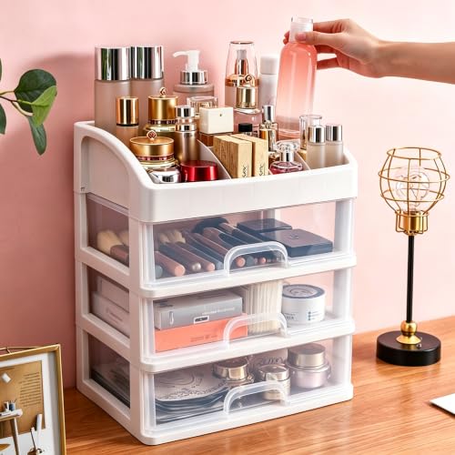 Makeup Organizer with 3 Drawers - Arc Type Plastic Storage for Vanity & Bathroom