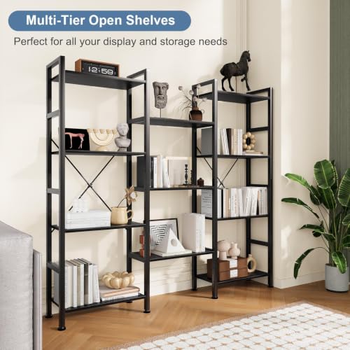 DUMOS Triple Column 4-Tier Industrial Bookshelf - Classic Black, 10.2 x 62.3 x 54.6 Inches