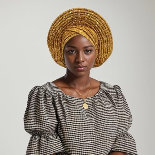 African Ladies Headscarf with Sequins and Shiny Auto Gele Head Tie - Gold Pack of 1