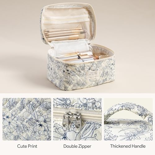 A-3PCS-Floral Quilted Makeup Bag Set - Large Travel Cosmetic Organizer