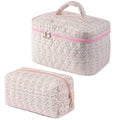 2 Pcs Makeup Bag Cosmetic Bag for Women Girls, Cute Large Large Floral Cosmetic Bag, Flower Travel Toiletry Bag Makeup Brushes Cotton Makeup Bag Set (Pink+Pink)