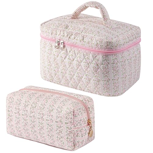 2 Pcs Makeup Bag Cosmetic Bag for Women Girls, Cute Large Large Floral Cosmetic Bag, Flower Travel Toiletry Bag Makeup Brushes Cotton Makeup Bag Set (Pink+Pink)