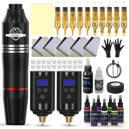 YILONG Black Wireless Tattoo Pen Kit with 2 Batteries for Beginners