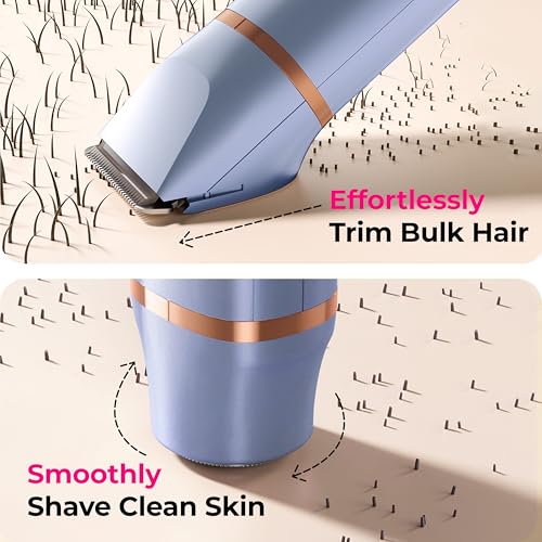 Bikini Trimmer for Women Pubic Hair: 2 in 1 Electric Razors for Women - IPX7 Waterproof Lady Shaver for Travel & Home Use (Blue-Gold)