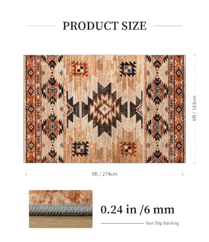 Washable Western Aztec Area Rug 6x9 ft - Terracotta Tribal Pattern for Living Room