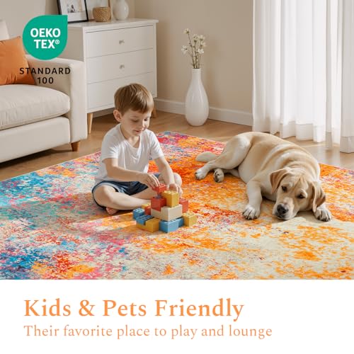 Rainbow Washable Area Rug 8x10 - Soft, Non-Slip Living Room Carpet - Colorful Abstract Design - Kid & Pet Friendly