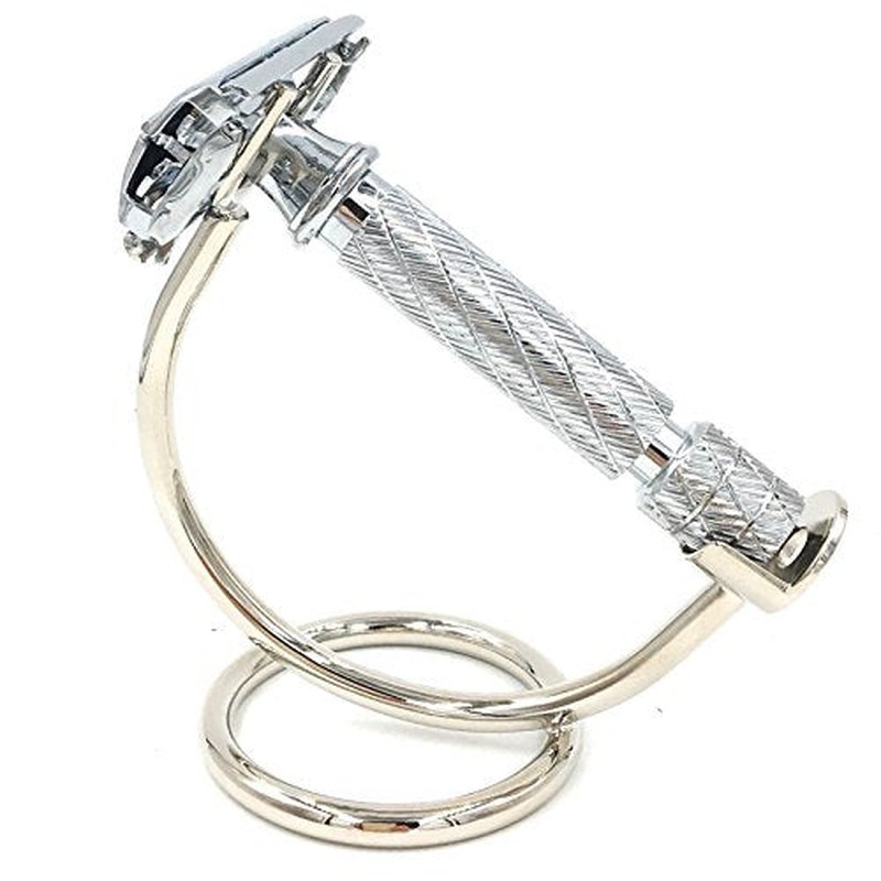 Curved Chrome Razor Stand ? All-Metal Chrome-Plated Holder for Safety Razors with Handle Length 80 mm & Up ? Sleek Finish & Sturdy Design