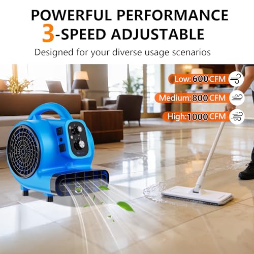 Zynovate Blue Portable Air Mover 1/4 HP 1000 CFM Floor & Carpet Dryer Fan