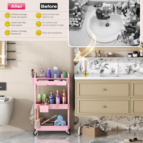 Goovilla Rolling Makeup Organizer Cart with Removable Drawer, 3 Tier Stable Pink Floor Skincare Storage Cart for Vanity, Cosmetic Display, Nail Polish, Perfume, Hair Stuff, Beauty, Bathroom(Plastic)