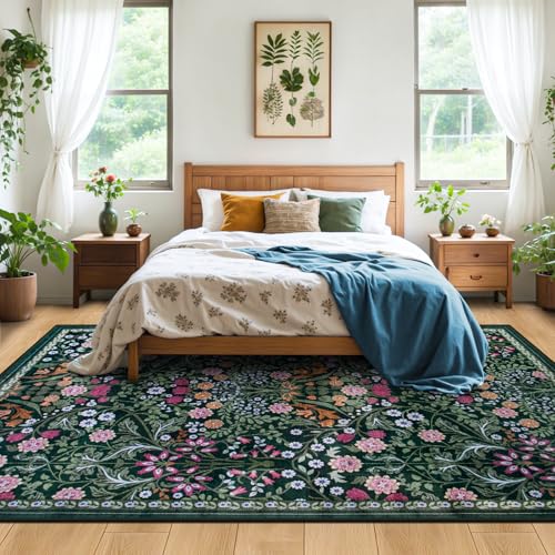 PLHXFR 8x10 Dark Green Floral Washable Area Rug for Living Room & Home