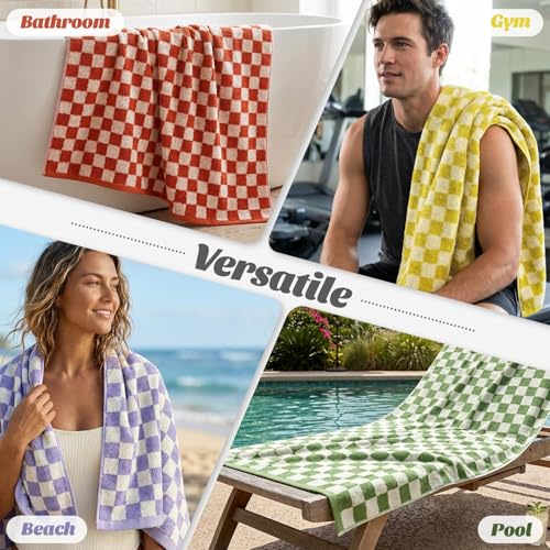 Checkered Cotton Bath Towels Set of 4 - 27.5 x 55 Inches, Multi Colors