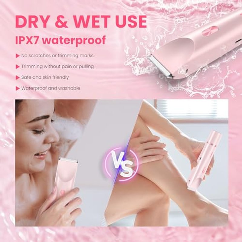 Bikini Trimmer for Women-2 in 1 Dual Head Electric Razors,USB Rechargeable Bikini Electric Shaver,IPX7 Waterproof Dry & Wet Use Body Hair Trimmer and Facial Hair Remover for Underarm Leg Body,Pink