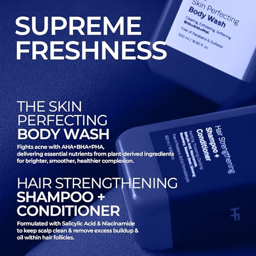HOMMEFACE Men¡¯s Triple Action Shower Kit - 2 Piece Set with 2-in-1 Hair Strengthening Shampoo + Conditioner & Body Wash with Pump - Korean Skincare Technology for Body Acne and Scalp Health