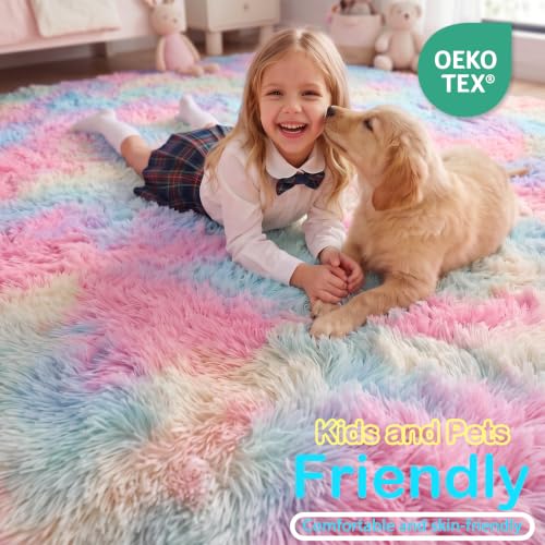 PAGISOFE 6x9 Rainbow Fluffy Area Rug for Bedroom Kids & Girls, Plush Shaggy Carpet