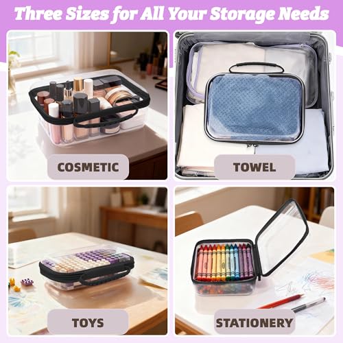 Clear Hard Shell Zipper Cases with Handle - Black, 3 Pack, TSA Compliant