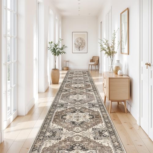 3' x 20' Washable Hallway Runner Rug Beige Non-Slip Distressed Floor Carpet