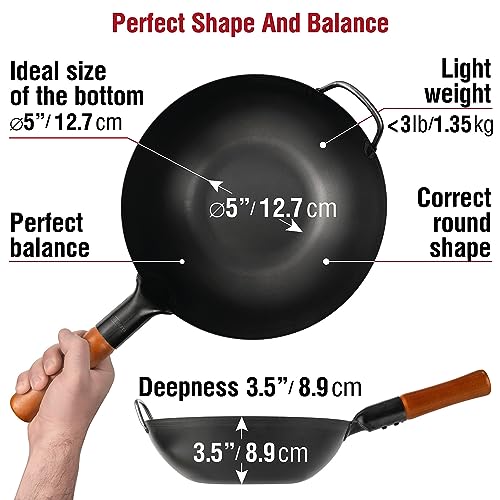 11.8-Inch Pre-Seasoned Carbon Steel Wok for Stir Fry & Outdoor Cooking