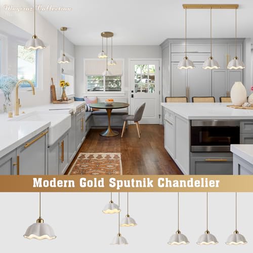 1-Light Modern White Ceramic Pendant Light with Gold Flower Accent - Adjustable Height