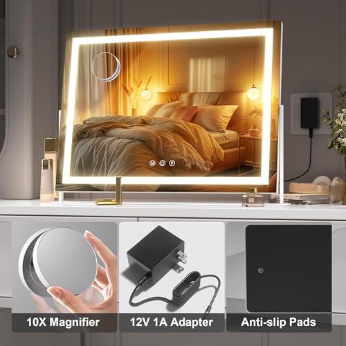 Hasipu Vanity Mirror with Lights, 13.8" x 10.6" LED Makeup Mirror, Light up Mirror with 10X Magnification, Smart Touch 3 Colors Dimmable, 360¡Æ Rotation (White)