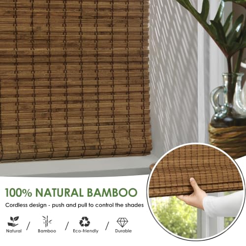 Cordless Bamboo Roman Shades - Highfield Teak, 35x64 Inches, Natural Window Covering - Privacy Variation