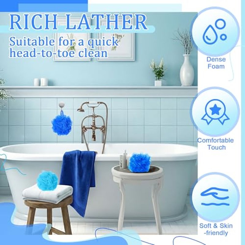 24 Pcs Bath Loofah Sponge Blue Loofah Exfoliating Body Scrubber Shower Sponge 50g Mesh Pouf Balls Gift Basket for Baby Shower Women Men Bathing Accessories Gift Bucket(Blue)