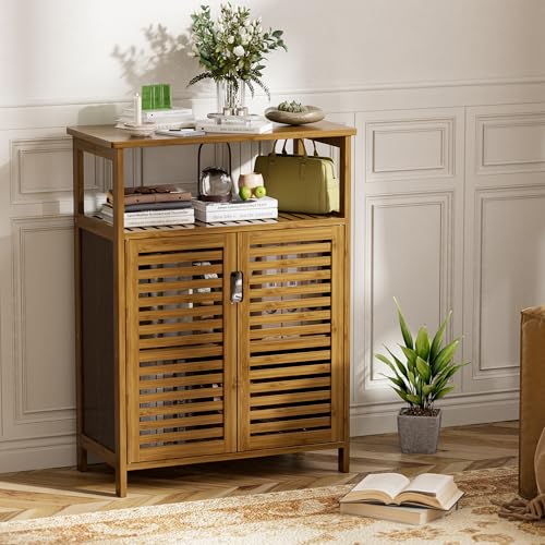 HITNET Walnut Bamboo Bathroom Storage Cabinet with Double Doors & Open Shelf
