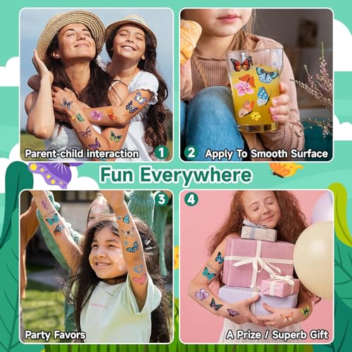 EMOME 50 Sheets Butterfly Temporary Tattoos for Girls, Individually Wrapped Tattoos for Butterfly Birthday Party Supplies Favors Decorations, Tattoos Stickers for Kids Goodie Bag Stuffers