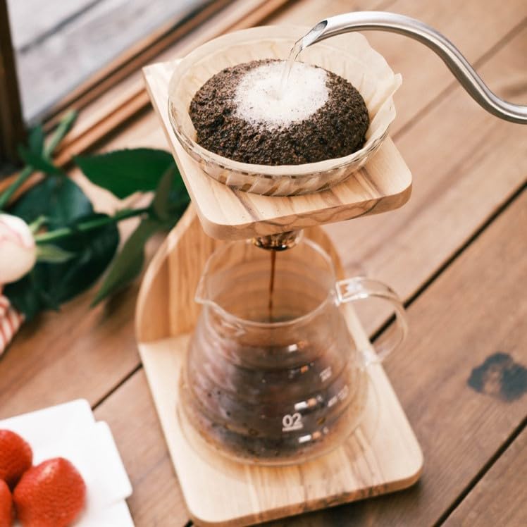 Hario V60 Olive Wood Pour Over Stand Set - 5 Component Coffee Brewer Kit with Filters