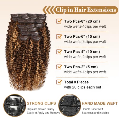 Nsukat JC 4/27 Kinky Curly Clip-In Hair Extensions 14 Inch, Brazilian Remy, 8pcs, 110g, Full Head, Real Human Hair