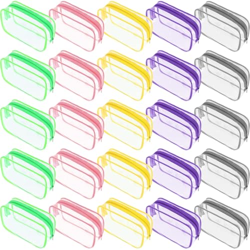Reginary 25 Pcs Clear Makeup Bags Bulk Cosmetic Bags with Zipper Travel Toiletry Bags Waterproof Portable Transparent Zippered Pouches for Women Men Travel Bathroom Business (Bright Color)