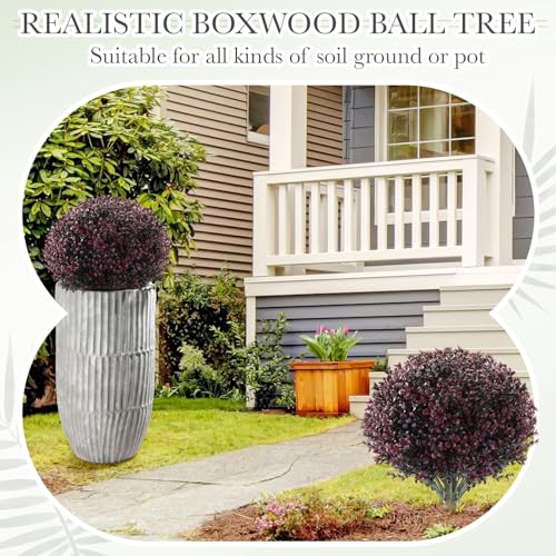 Yunlly 4 Pack Fall Artificial Topiary Balls - Outdoor Faux Bushes, Dark Purple