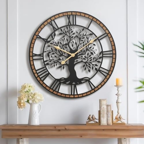 Large Wall Clock 24 Inch Tree of Life Rustic Farmhouse Decor - Battery Operated