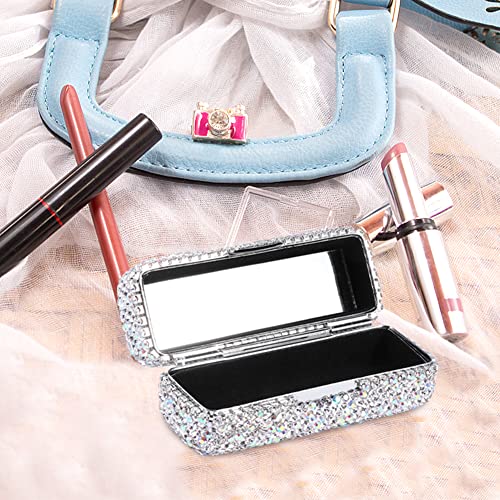 Rhinestone Lipstick Case with Mirror Bling Crystal Lipstick Case Diamonds Makeup Cosmetic Storage Box Holder for Purse(COLOR:White)