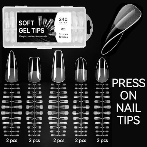 Acrylic Fake Nails Kit with File & Buffer - Press On Nail Set with 240 Tips & Tools - Variation of Press On Nail Kit With File Buffer