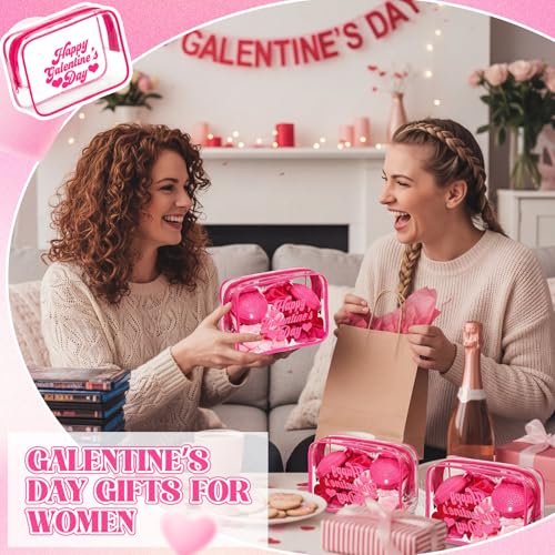 12 Pcs Galentine's Day Clear Makeup Bags with Frame - Hot Pink Gift Set