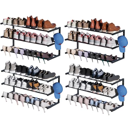 Black 4 Pack Wall Mounted Shoe Rack Adjustable 3-Tier Organizer with Hooks
