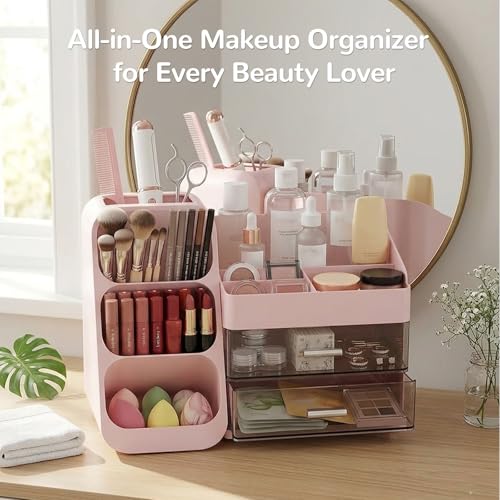 Large Pink Makeup Organizer with 2 Drawers & Brush Holder for Vanity & Bathroom