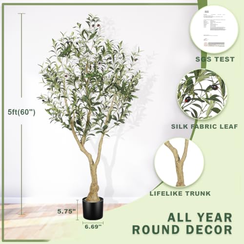 Artificial Olive Tree 5ft with Large Branches & Lifelike Fruits - Black Pot