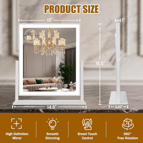 Vanity Mirror with Lights 14.5"x16.5", LED Makeup Mirror, 3 Color Lighting Modes, 10X Magnification, Smart Touch Control, Dimmable, Aluminum Metal Frame, Lighted Up for Vanity Desk (White)
