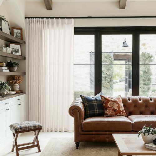 Natural Linen Sheer Pleated Curtains - 100W x 108L Cream with Variation Natural