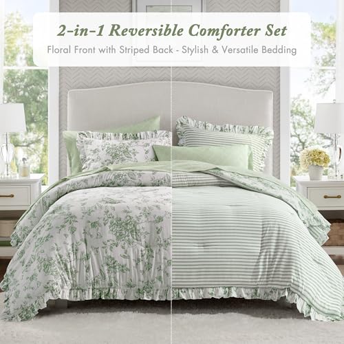 Queen Floral Comforter Set with Sheets - Reversible Shabby Chic Bedding, 7 Pieces - Green