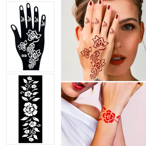Temporary Tattoo Henna Kit Safe & Easy Fake 12 Bottles 11 Colors Ink 18 Big Pcs Stencils for Adults/Kids-fake tattoos (Black¡¿2, Red, Green, Purple, Orange, Navy Blue, Brown, Pink, Grey, Yellow)