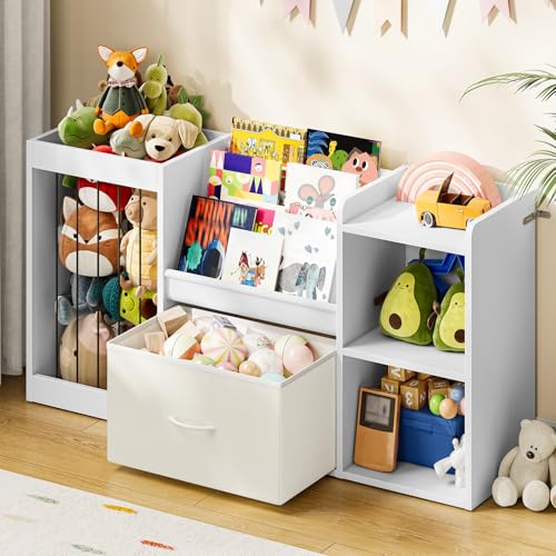 Kids Bookshelf with Stuffed Animal Storage - 3-Tier Organizer, Large Fabric Drawer, White