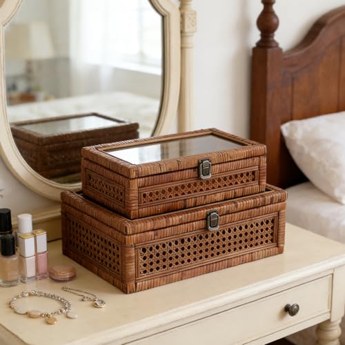 14.1 x 8.2 x 5.1 Inch Rattan and Cane Stacking Storage Boxes Set of 2 - Rustic Brown