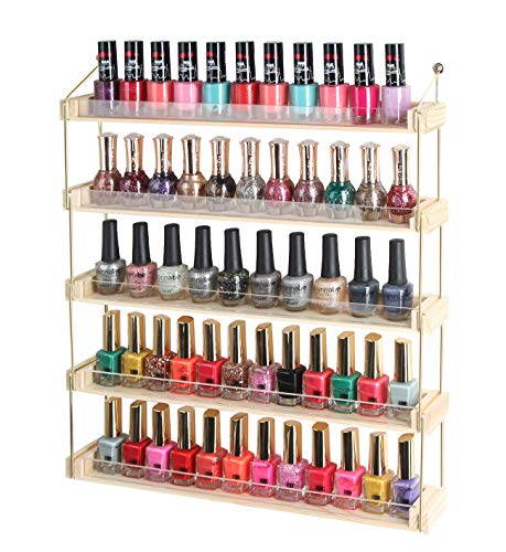 Wood Wall Mount Nail Polish Display Shelf Rack - Holds 60 Bottles, 5 Tiers, Gold & Wood Finish