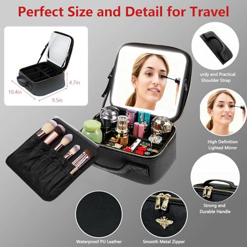 Pure Black Travel Makeup Bag with Light Up Mirror, Waterproof, Rechargeable