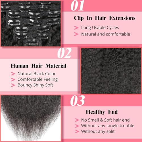 Kinky Straight Clip-In Hair Extensions 20 Inch Natural Black Human Hair - 8 Pcs