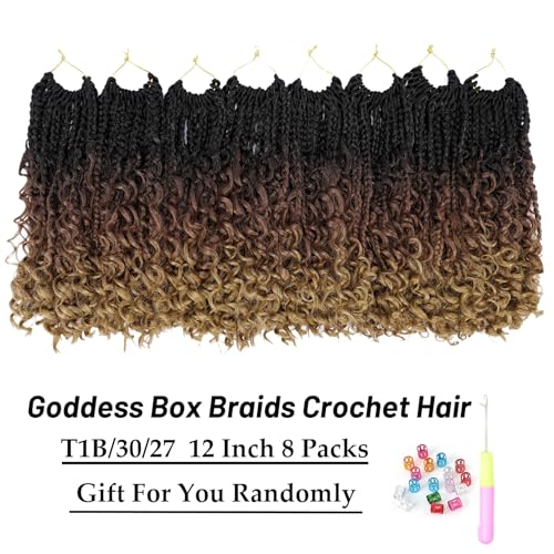 Pre-Looped Goddess Box Braids Crochet Hair 12 Inch - Bohemian Style, 8 Packs - Variation #1B/30/27